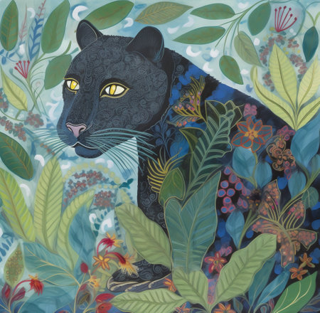 Leopard with flowers, leaves and plants. Hand drawn illustration.の素材
