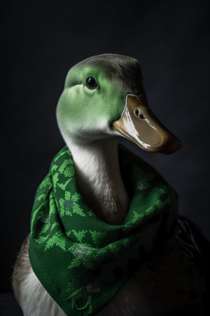 Portrait of a duck with a green scarf on a black backgroundの素材