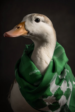 White duck in a green scarf on a black background. Studio shot.の素材