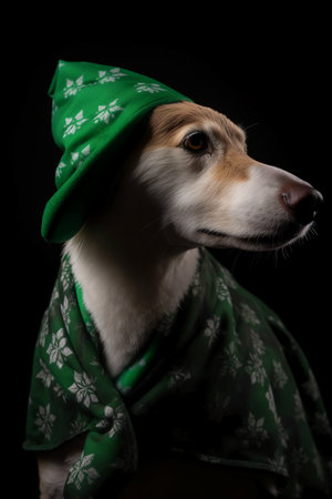 Portrait of a dog in a green scarf on a black backgroundの素材