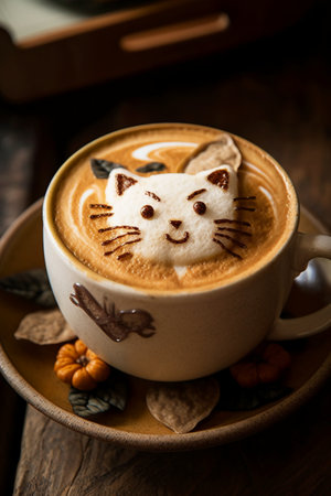 Cappuccino with a cute cat on a wooden background.の素材
