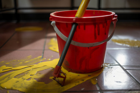 Red bucket with paint and brush on floor, cleaning concept. Selective focus.の素材