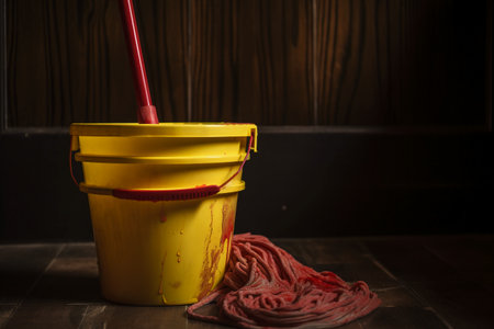 Yellow bucket and red mop on dark wooden background. House cleaning conceptの素材