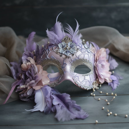 Mardi gras mask with feathers and beads on a gray backgroundの素材