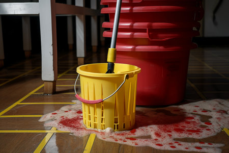 Cleaning floor with a mop and bucket. Cleaning service concept.の素材