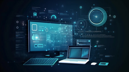 Laptop and tablet pc with media icons on dark background. 3D renderingの素材