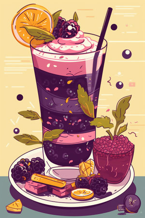 Illustration of a smoothie with berries, orange and mint.の素材