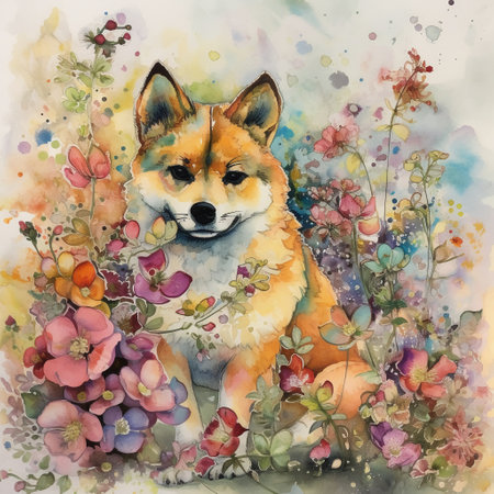 Watercolor illustration of a shiba inu dog sitting among flowers.の素材