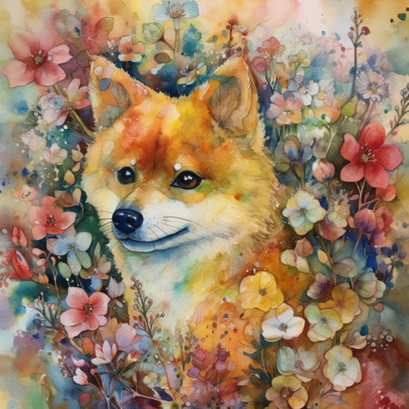 Watercolor painting of a shiba inu dog surrounded by flowers.の素材