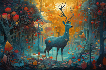 Fantasy landscape with a deer in the forest. Digital painting.の素材