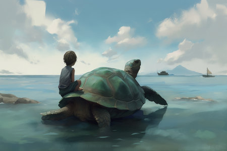 Little boy and turtle in the sea. 3D illustration. Vintage style.の素材