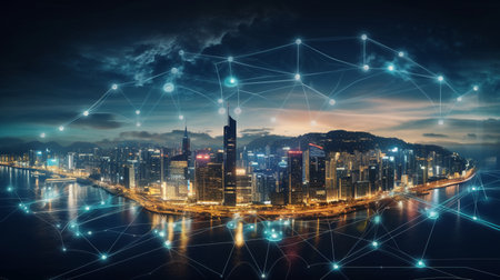 Smart city and wireless communication network over the cityscape at night. The concept of smart city and wireless communication.の素材