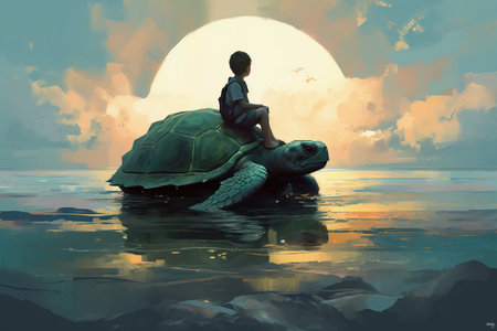 Man sitting on a turtle in the sea. 3D illustration.の素材