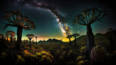 Fantasy landscape with giant baobabs and starry sky.の素材