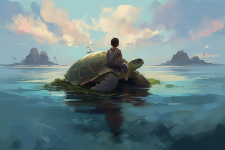 Little boy sitting on a big turtle on the seashore.の素材