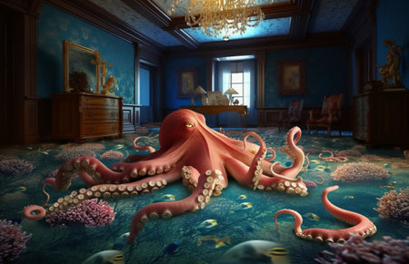 3d illustration of octopus in a room with blue walls.の素材