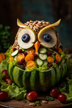 Funny owl made of vegetables and fruits. Healthy food concept.の素材