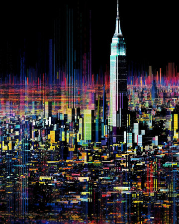 Illustration of New York City skyscrapers and colorful neon lightsの素材