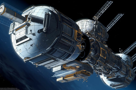 3D Illustration of a space station in outer space. 3D rendering.の素材