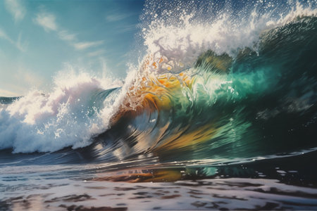 Surfing ocean wave on sunny day. 3d rendering and illustration.の素材