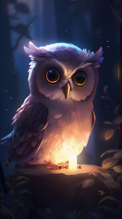 Cute owl with candle in a dark room. Stylized image.の素材