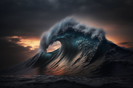 Surfing ocean wave at sunset. 3D Rendering and illustrationの素材