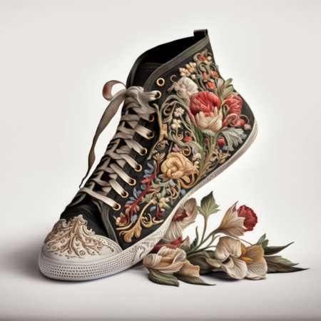 Vintage women's shoes with floral ornament on a white background.の素材