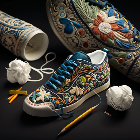 Pair of handmade shoes with floral ornament on a black background.の素材