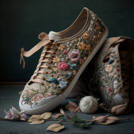 Women's shoes with embroidery and flowers on a dark backgroundの素材