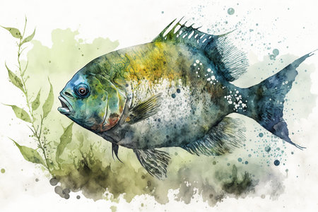 Watercolor illustration of a tropical fish. Watercolor painting on paper.の素材