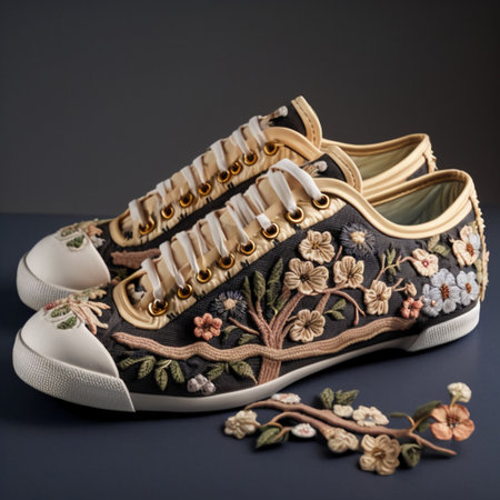 Pair of shoes with embroidery on a black background.の素材