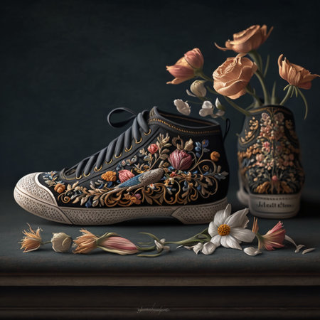 Sneakers with floral ornament on a dark background, still lifeの素材