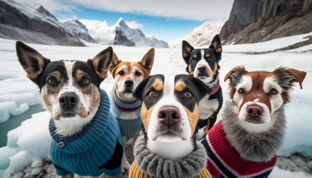 A group of dogs in sweaters on the background of mountains.の素材