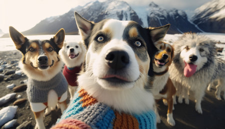 group of dogs in winter clothes on the beach in the mountains.の素材