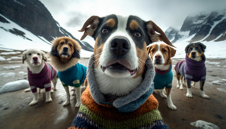 A group of dogs in warm clothes on the background of mountains.の素材