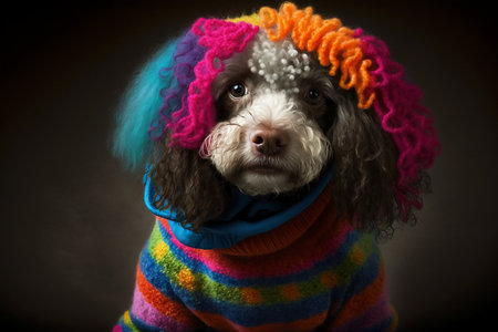 Studio shot of a poodle wearing a colorful wig and scarf.の素材