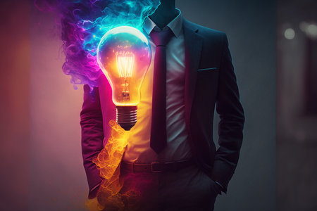 Businessman in suit with glowing light bulb on his head. Idea conceptの素材