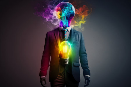 Businessman with colorful lightbulb head and colorful smoke coming outの素材