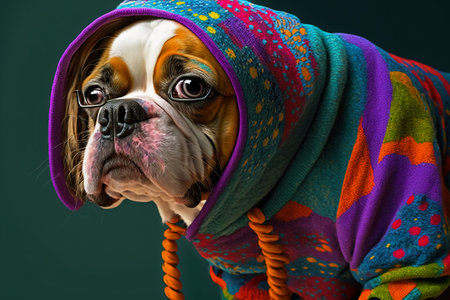 Cute english bulldog dressed in a colorful scarf. Studio shot.の素材