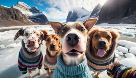 Group of dogs in warm sweaters on the background of mountains.の素材