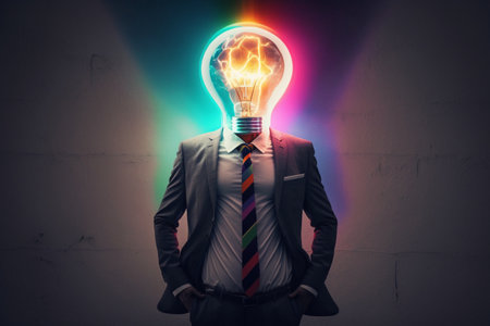 Businessman with glowing light bulb instead of head concept on dark backgroundの素材