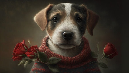 Portrait of a Jack Russell Terrier puppy in a red scarf with a bouquet of red roses.の素材