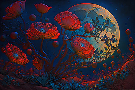 Red poppies on the background of the full moon. Illustration.の素材