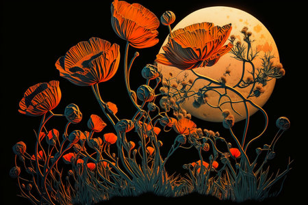 Poppies and the full moon in the night sky, illustrationの素材