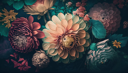 Colorful dahlia flowers background. Vintage toned picture.の素材