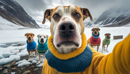 Cute dogs in warm clothes take a selfie in the snowy mountainsの素材