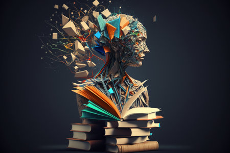 Knowledge concept with human head made out of books on dark backgroundの素材