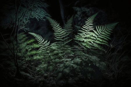 Fern leaves in the forest at night. Beautiful fern leaves in the forest.の素材