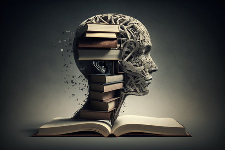 Open book with human head and brain made of books on dark backgroundの素材
