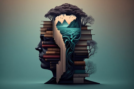 Conceptual 3D illustration of a human head with books and trees on it.の素材